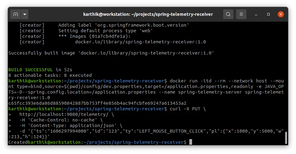 Running telemetry data receiver as docker container